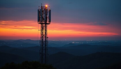 Naklejka premium Cell tower stands tall against vibrant sunset sky over distant mountains. Evening lights twinkle below, signaling connection and telecommunication progress.
