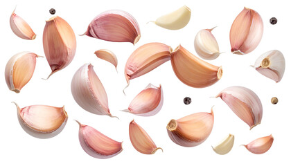 Close-up of peeled garlic cloves and peppercorns scattered on a black background