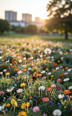 Dandelion stands tall in vibrant wildflower meadow, city skyline glows softly behind.