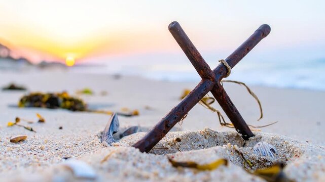 Rusty l object on a sandy beach with the sun setting in the background, creating a serene atmosphere.