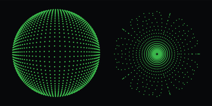 High-tech green light globe made of particle dots, digital universe concept, minimal dark background
