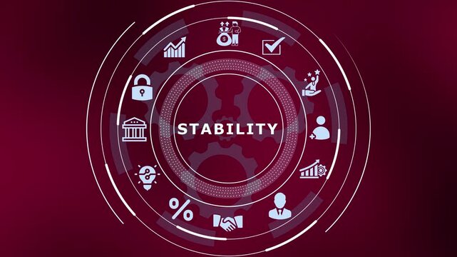 Economic stability and sustainable growth business concept with blue digital icons and heading text.