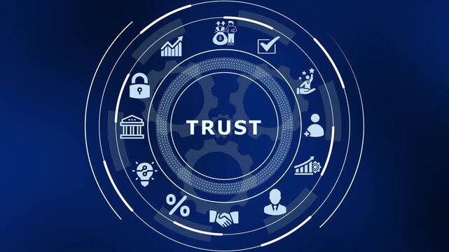 Building business trust and consumer confidence concept with digital network icons and blue background.