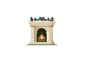 Obraz premium A cartoon-style fireplace with holiday decorations on the mantel and flames inside