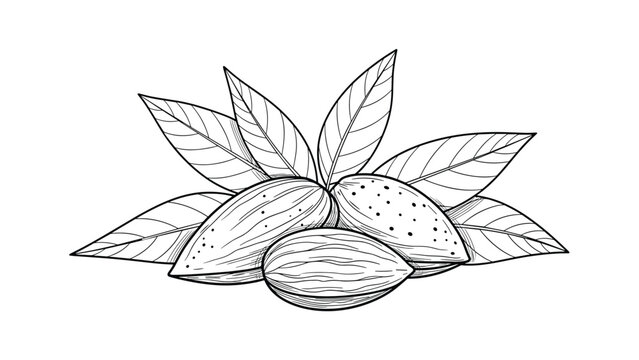 Detailed line art drawing of almonds in their shells with leaves representing healthy nuts and natural snack food.