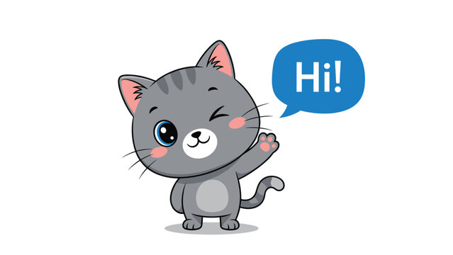 Adorable cartoon gray cat character waving a paw and saying hi in a blue speech bubble on a clean white background.