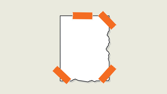 Torn white paper sheet attached with orange tape on a neutral background for notices reminders and creative design.