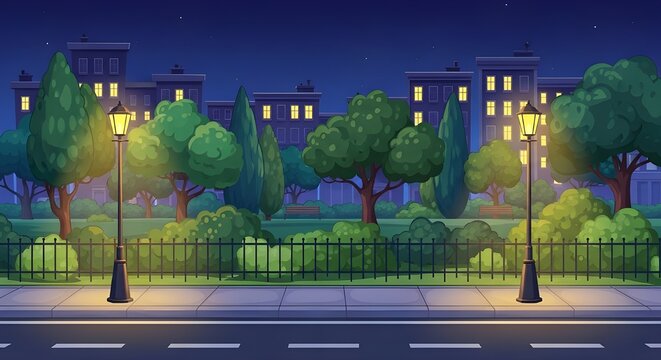 Night City Street with Park and Buildings Parallax Cartoon Vector Background