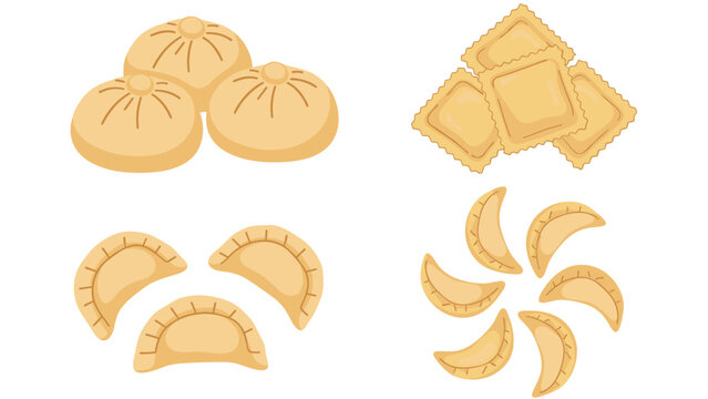 Variety of dumplings including khinkali pierogi and ravioli shown in groups for culinary and ethnic food illustrations.
