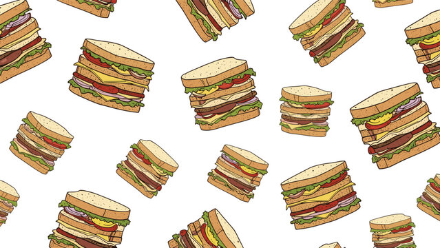 Seamless pattern featuring many multilayered club sandwiches with lettuce tomato ham and cheese scattered across a white background.