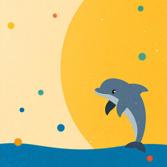 A minimalist, flat-style illustration of a cute blue dolphin jumping. The design features simple lines and colorful floating dots against a vibrant yellow and blue gradient background.