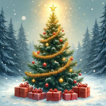 Decorated fir tree with star on top sits in snowy forest surrounded by wrapped gifts. Red, gold ornaments adorn branches. Winter holiday season scene with pine trees in background. Soft light shines.