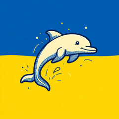 A minimalist, flat-style illustration of a cute blue dolphin jumping. The design features simple lines and colorful floating dots against a vibrant yellow and blue gradient background.