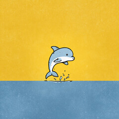A minimalist, flat-style illustration of a cute blue dolphin jumping. The design features simple lines and colorful floating dots against a vibrant yellow and blue gradient background.