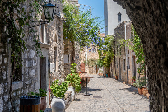 Narrow medieval alley in Mesta Village. Chios Island, Greece.