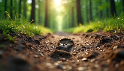 Fototapeta premium Muddy boot print on dirt forest trail leading into green woods. Sunlight shines through trees onto path. Lush grass lines the track. Outdoors adventure begins.