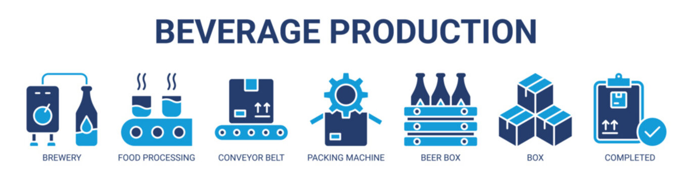 Beverage Production web banner icon vector illustration concept with icon of brewery, food processing, conveyor belt, packing machine, beer box, box, and completed.