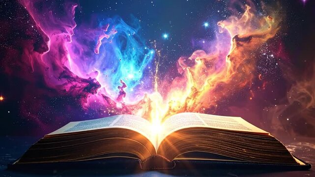An open book with glowing pages, radiating light and surrounded by a colorful nebula in the background.