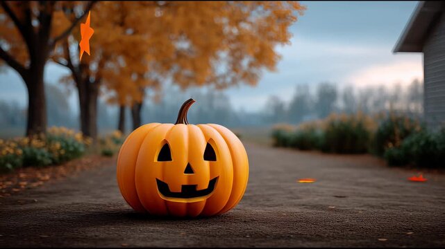 Jack o lantern pumpkin carved pumpkin on dark path surrounded by autumn orange leaves and star shaped leaf with fall trees creating festive Halloween spooky atmosphere