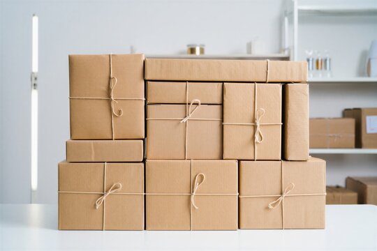 A collection of neatly stacked cardboard boxes tied with string in a bright, modern workspace. Packaging and shipping concept.