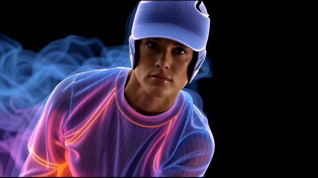 Softball player helmet uniform neon glowing light sport athlete dynamic intense focus vibrant colors motion smoke effects energetic futuristic batting pose dark background