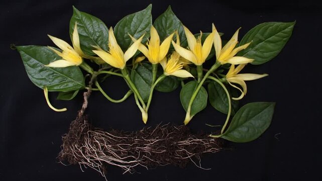 Close-up of a botanical specimen featuring yellow flowers, green leaves, and roots on a black backdrop