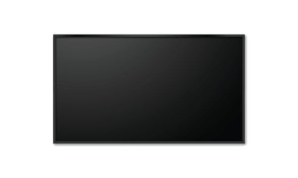 Realistic TV screen. Modern stylish lcd panel, led type. Large computer monitor display mockup. Blank television template. Graphic design element for catalog, Vector illustration