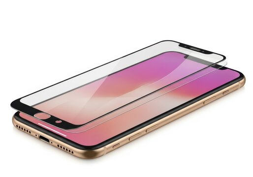 Tempered glass screen protector being applied to a smartphone isolated on white background