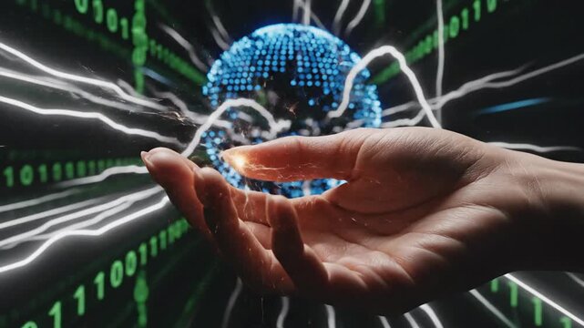 Hand presenting glowing sphere with binary background and electrical arcs