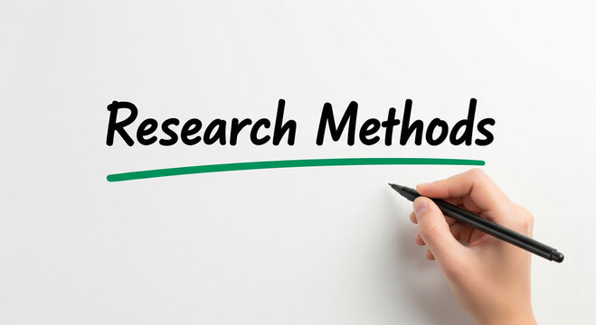 Research Methods text on white background, hand writing academic study terminology, scientific investigation and data analysis concept