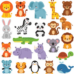 Obraz premium Cute wild animals cartoon set with lion, tiger, elephant, giraffe, panda, zebra and more