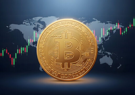 A large gold Bitcoin coin on a digital world map background with stock market charts