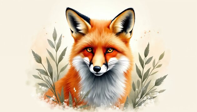 Red fox face portrait painted in watercolor. Close-up of wild animal with orange fur white chest and sharp ears. Surrounded by light green foliage and soft neutral background.