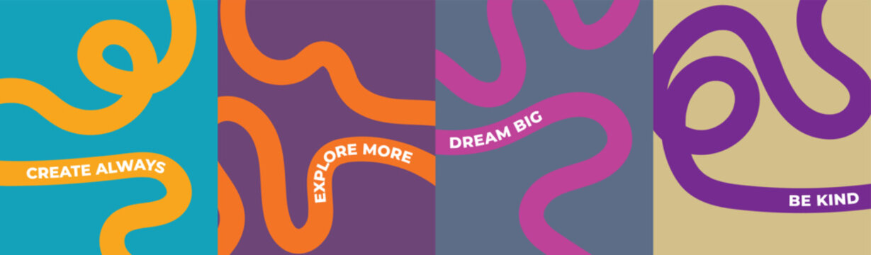 Inspirational quote posters vector illustration collection with thick winding lines and bold colors for motivational wall art, home office decor, social media posts and creative branding.