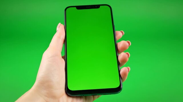 Hand using smartphone with green screen for content insertion technology