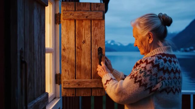Elderly woman closing a wooden shutter at dusk near a lake