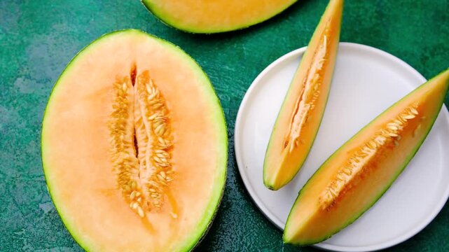 Cantaloupe melon cut open showing seeds on white plate and green textured background