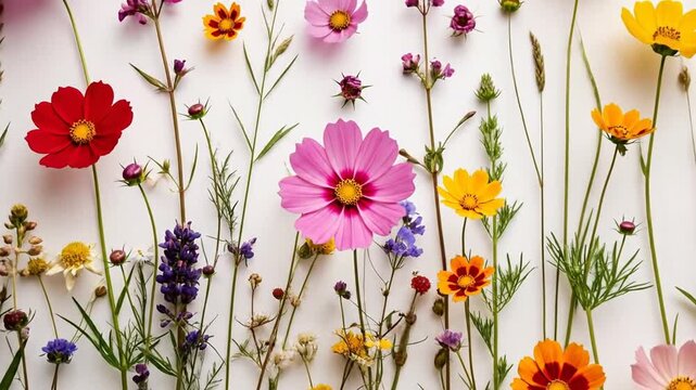 A vibrant collection of colorful wildflowers and grasses arranged against a clean white background.