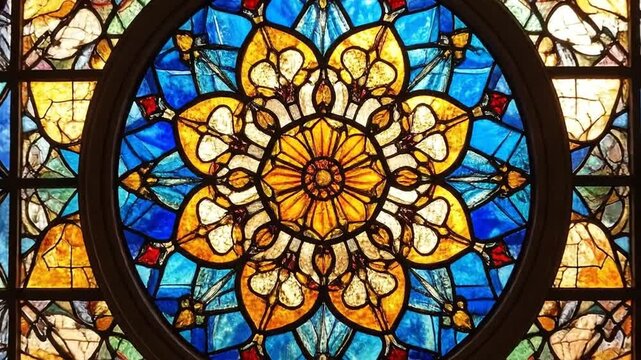 A vibrant stained glass window with a circular floral design, showcasing intricate details and colorful patterns.