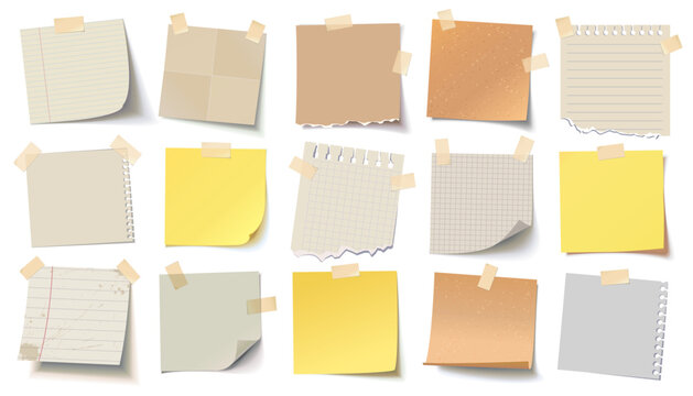 Set of sticky notes and torn paper sheets in various shapes and textures, attached with tape. Collection of memo papers, notebook scraps and blank reminders for design and decoration