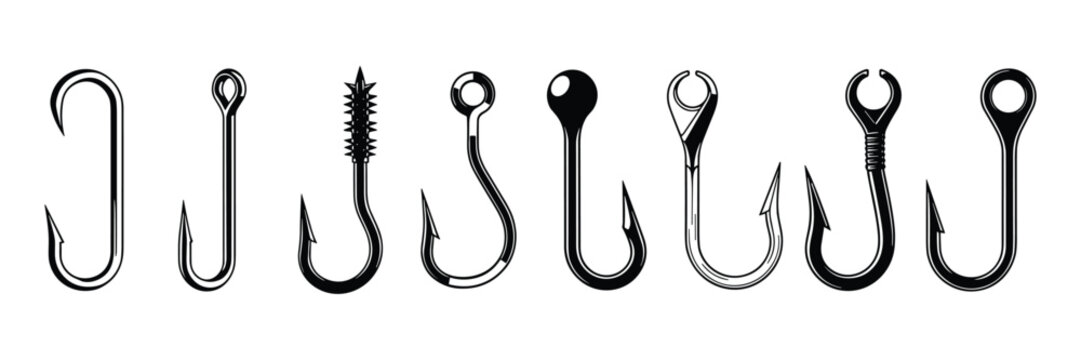 Collection of fishing hooks in various shapes and sizes, vector illustration