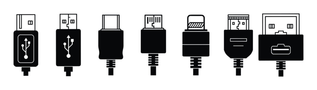 Universal usb cable connector types and computer data wire plugs vector graphic