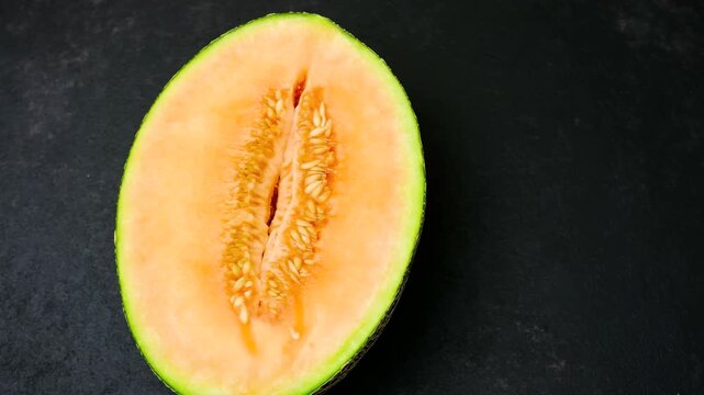 Sweet cantaloupe melon half with seeds on a dark background