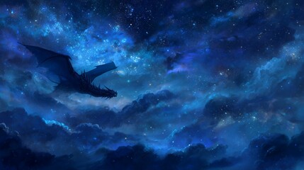 Majestic dark dragon flying through a vibrant blue galaxy nebula and starry night sky, concept for fantasy game background, book cover illustration and digital art design