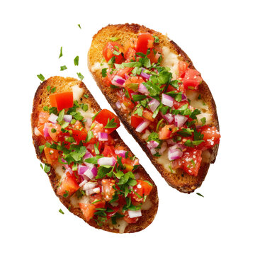 Delicious bruschetta, a classic Italian appetizer, made with toasted bread slices, topped with fresh diced tomatoes, herbs, and seasonings Isolated Transparent Background, PNG