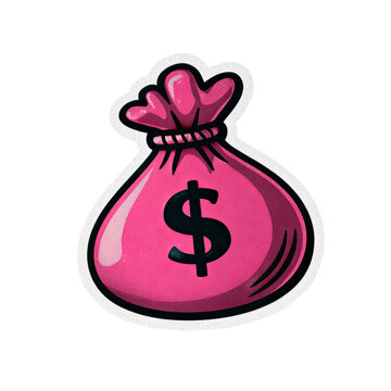 Cartoon-style illustration of a pink money bag with a dollar sign. A white outline surrounds it