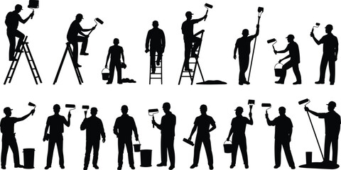 Obraz premium Painter workers silhouette set with rollers ladders buckets house renovation black vector illustration