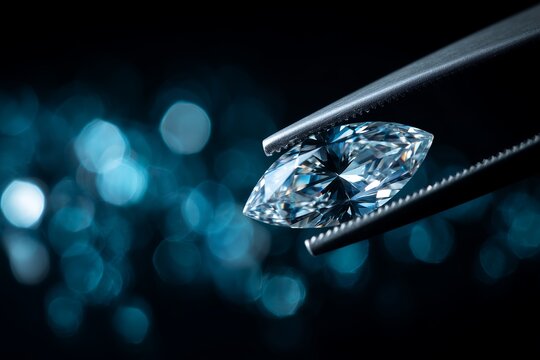 Macro shot of a brilliant marquise diamond held by metal tweezers against a dramatic dark blue bokeh background, concept for luxury jewelry trading, gemology assessment and investment advertisement