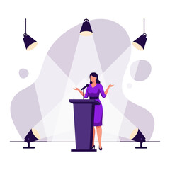 Woman speaking at podium under spotlights, giving presentation or speech