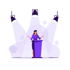 Woman speaking confidently at podium during presentation with spotlights